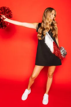 Store Queen Of Sparkles Black, White/Red Diagonal Fringe Dress