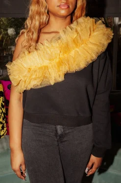 Discount Queen Of Sparkles Black/Gold One Shoulder Ruffle Sweatshirt