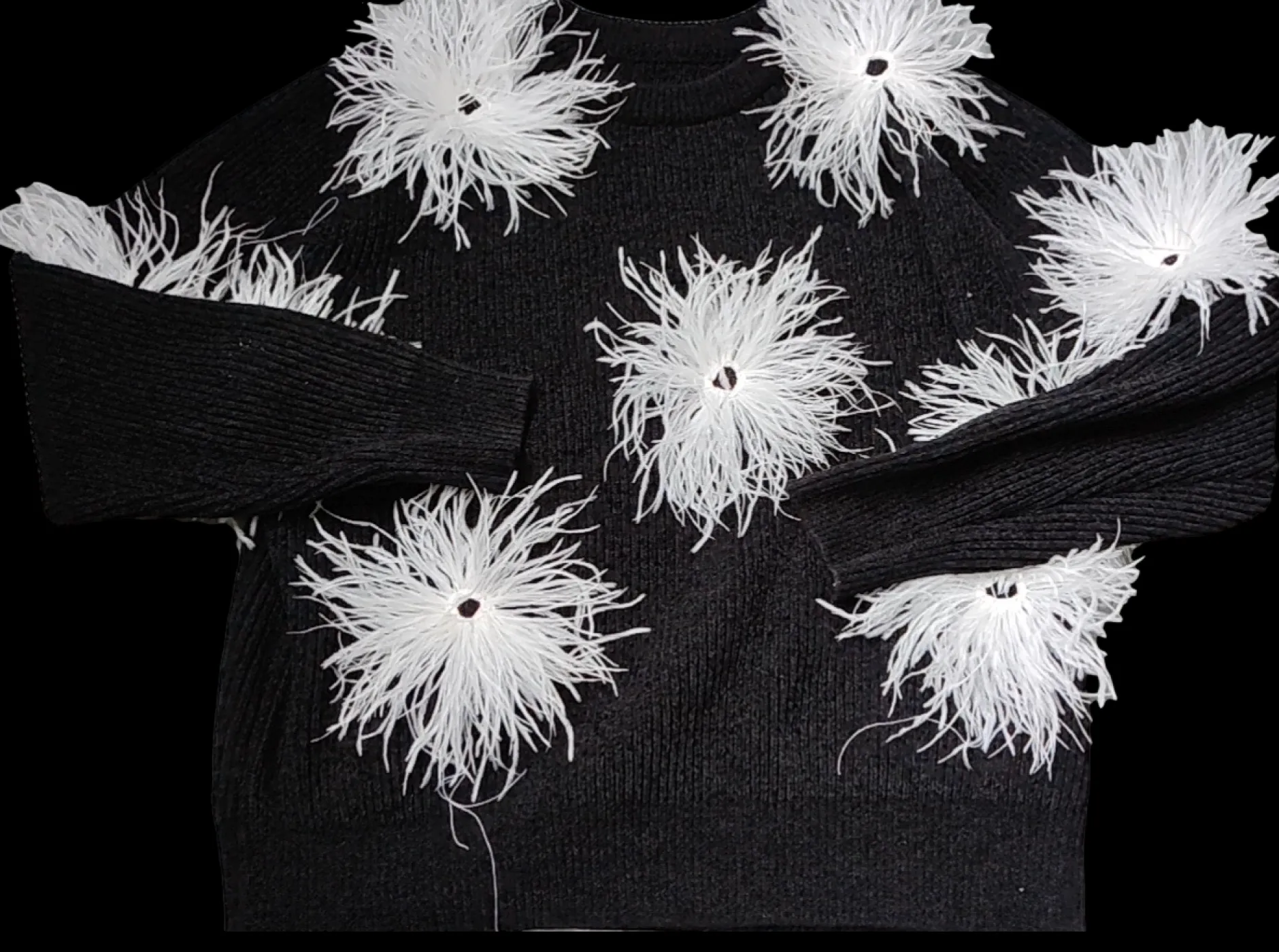 Clearance Queen Of Sparkles Black/White Oversized Chenille Feather Sweater