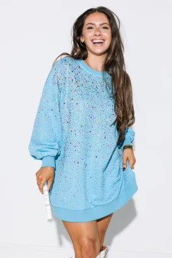 Discount Queen Of Sparkles Blue Full Rhinestone Sweatshirt Dress