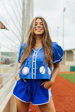 Best Sale Queen Of Sparkles Blue Peplum Baseball Top Royal