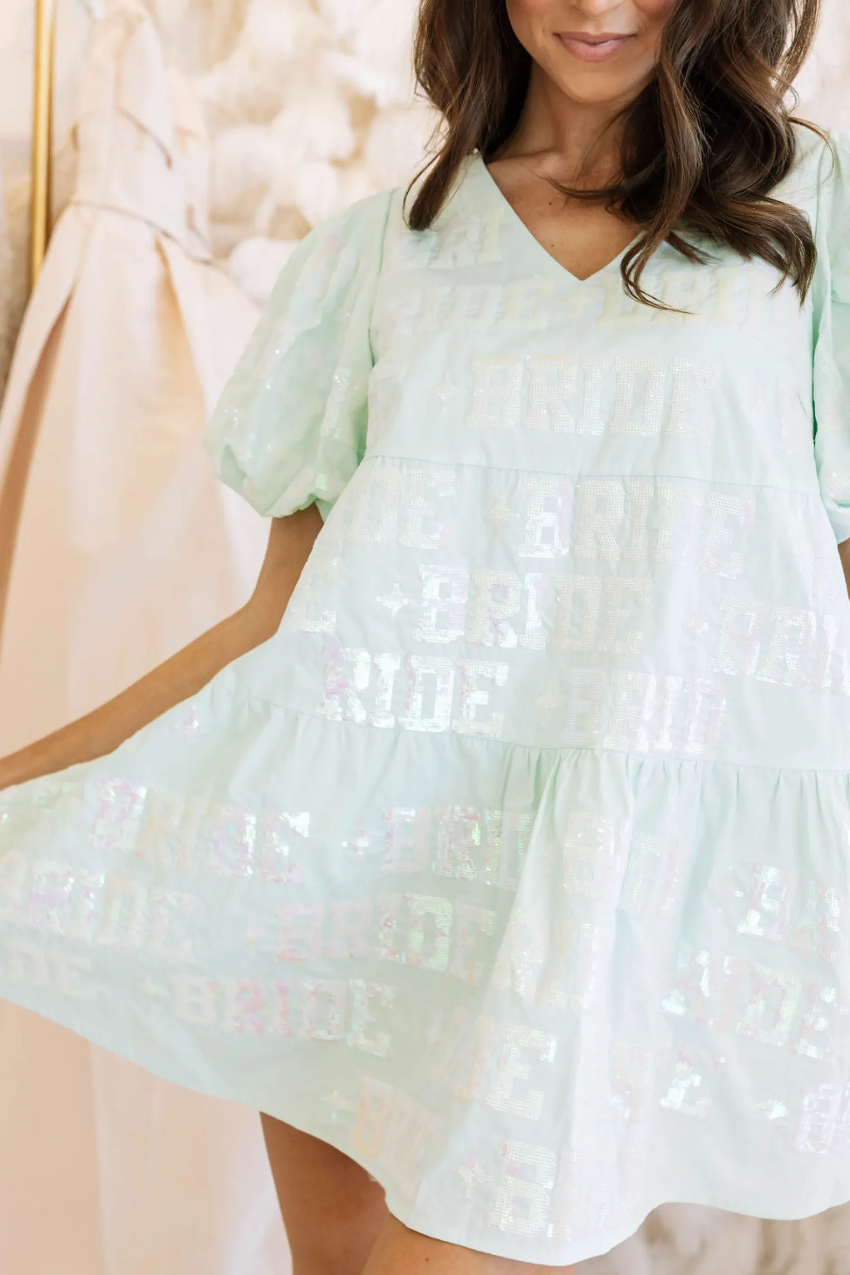 Clearance Queen Of Sparkles Bride All Over Poof Sleeve Dress Mint