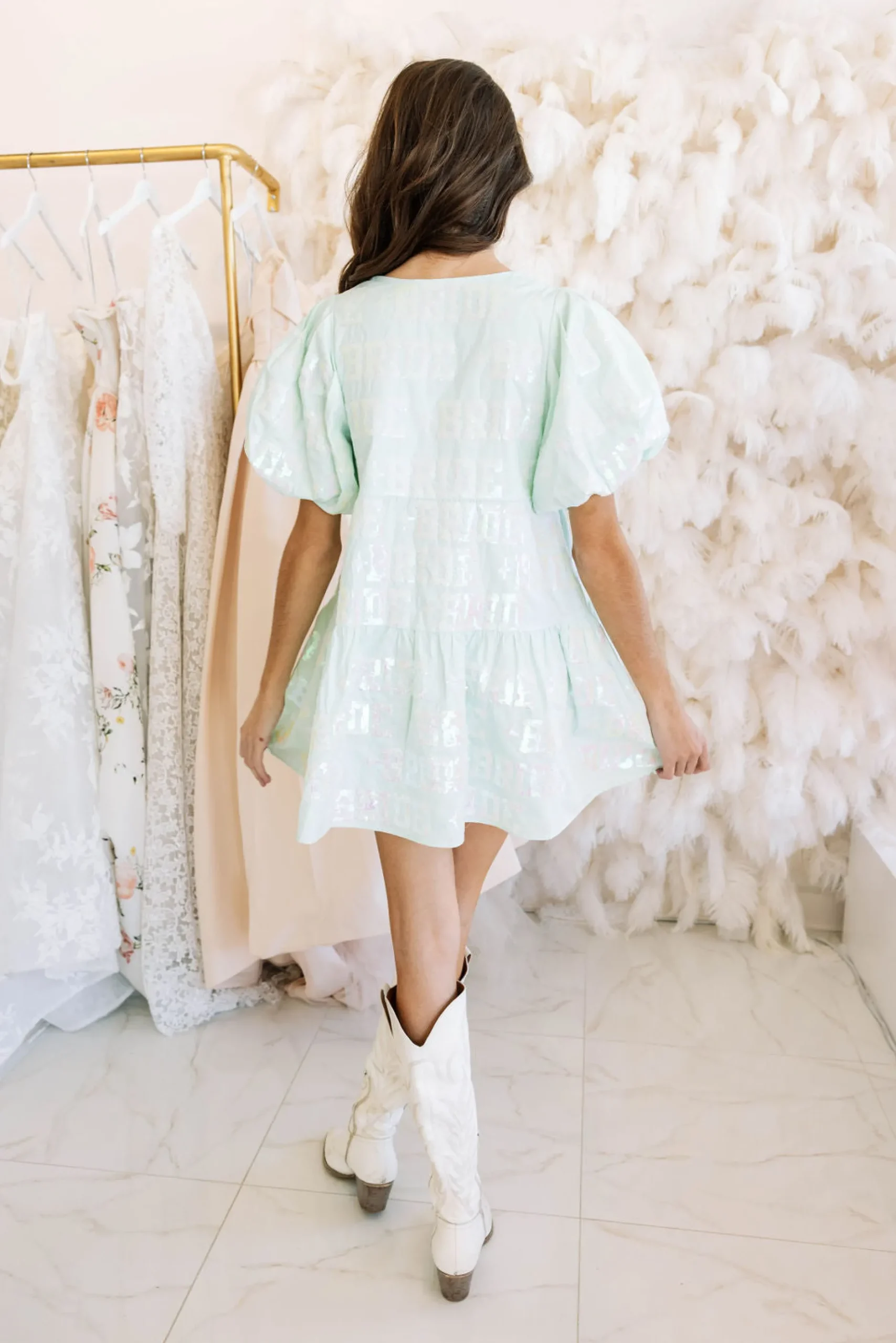 Clearance Queen Of Sparkles Bride All Over Poof Sleeve Dress Mint