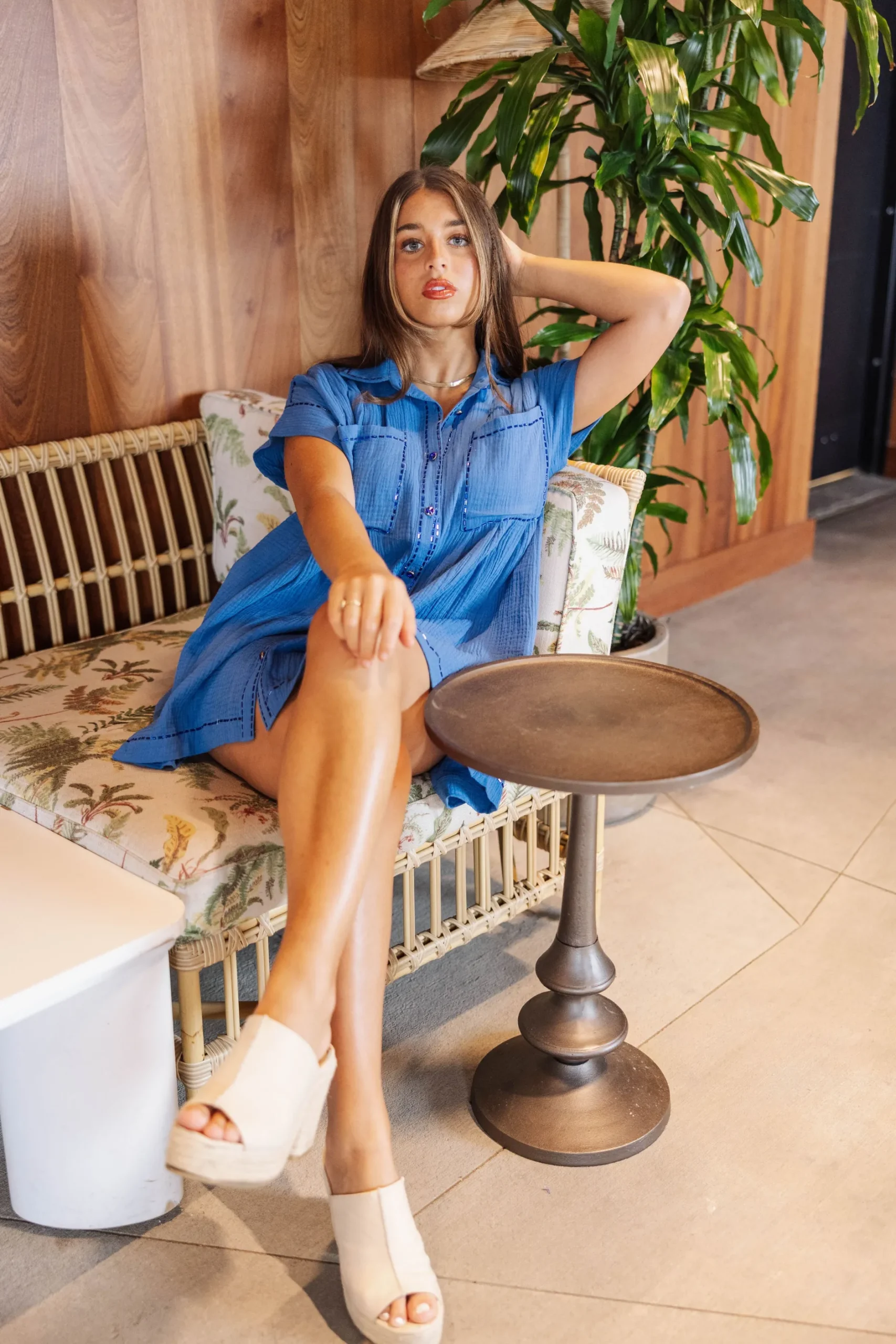 Store Queen Of Sparkles Bright Blue Gauze Button Down Dress