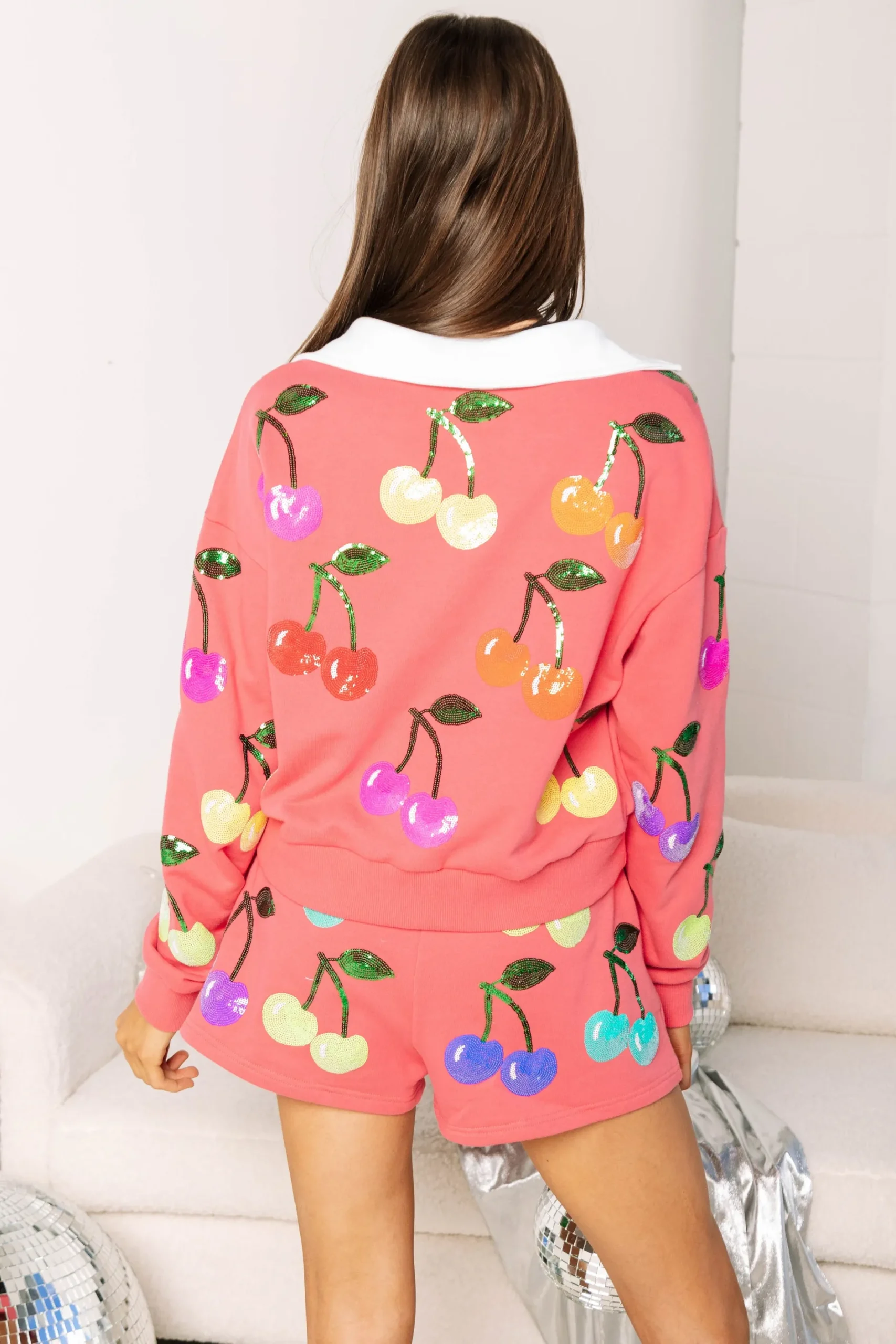 New Queen Of Sparkles Bright Pink Rainbow Cherry Polo Sweatshirt