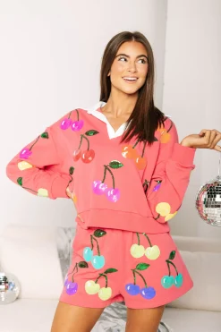 New Queen Of Sparkles Bright Pink Rainbow Cherry Polo Sweatshirt