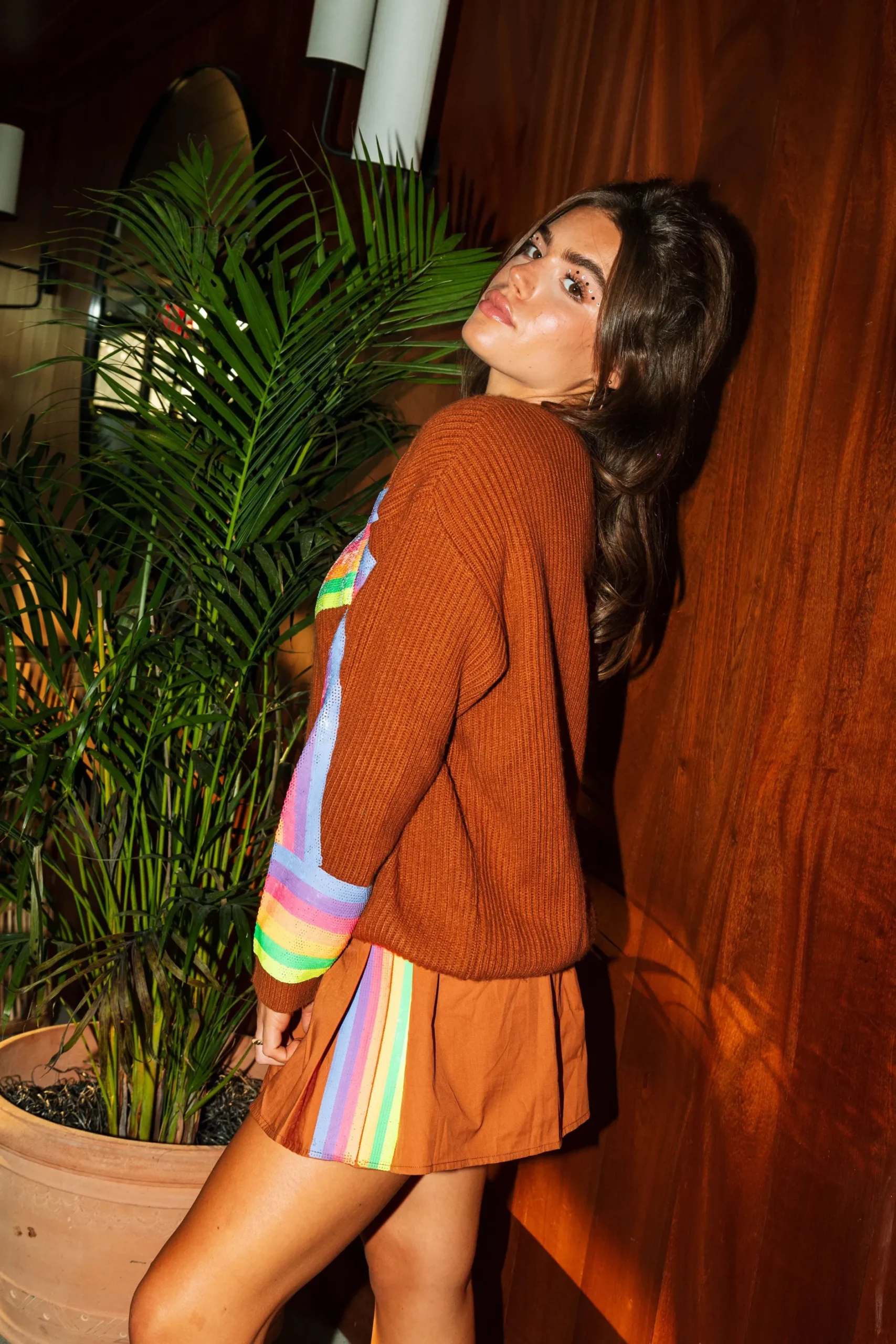 Hot Queen Of Sparkles Brown Skirt With Neon Sequin Stripe