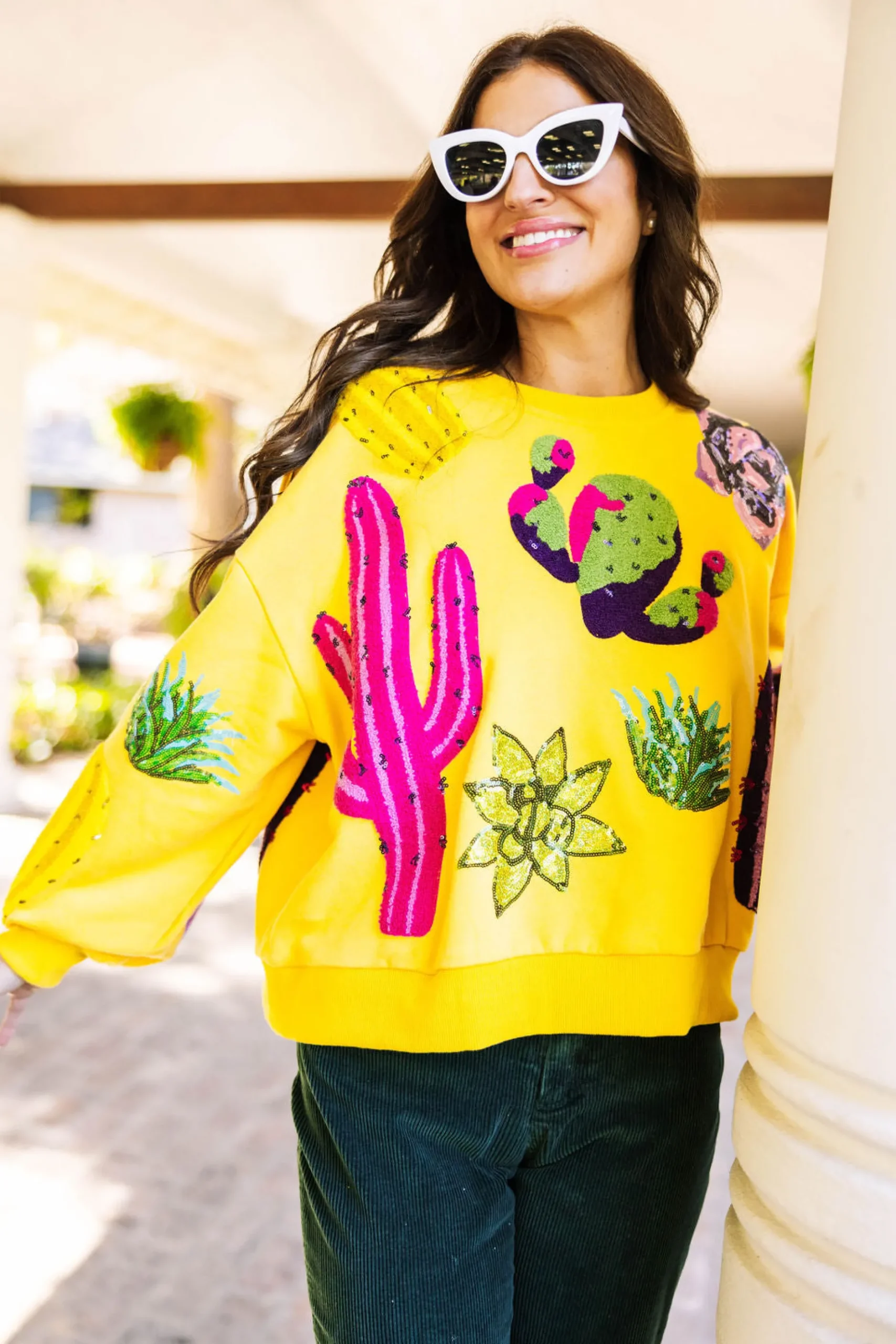 Fashion Queen Of Sparkles Cactus Sweatshirt Yellow