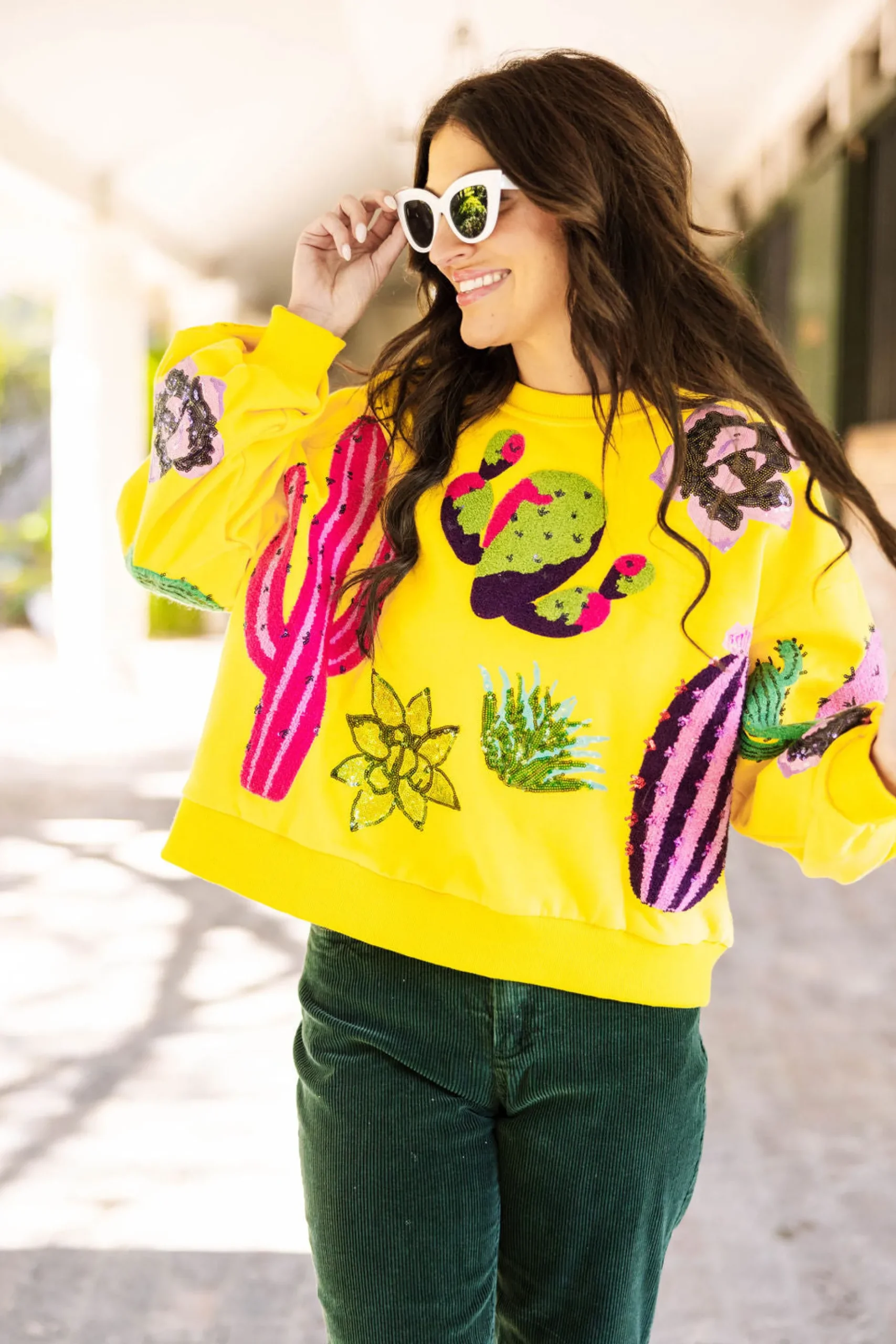 Fashion Queen Of Sparkles Cactus Sweatshirt Yellow