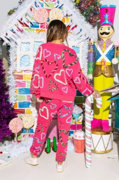 New Queen Of Sparkles Candy Cane Heart Sweatshirt Hot Pink