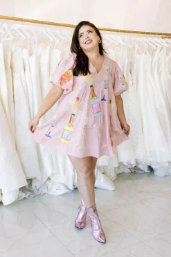 Outlet Queen Of Sparkles Champagne Scattered Poof Sleeve Dress Pale Pink