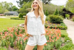 Cheap Queen Of Sparkles Checker Paillette Collar Top White
