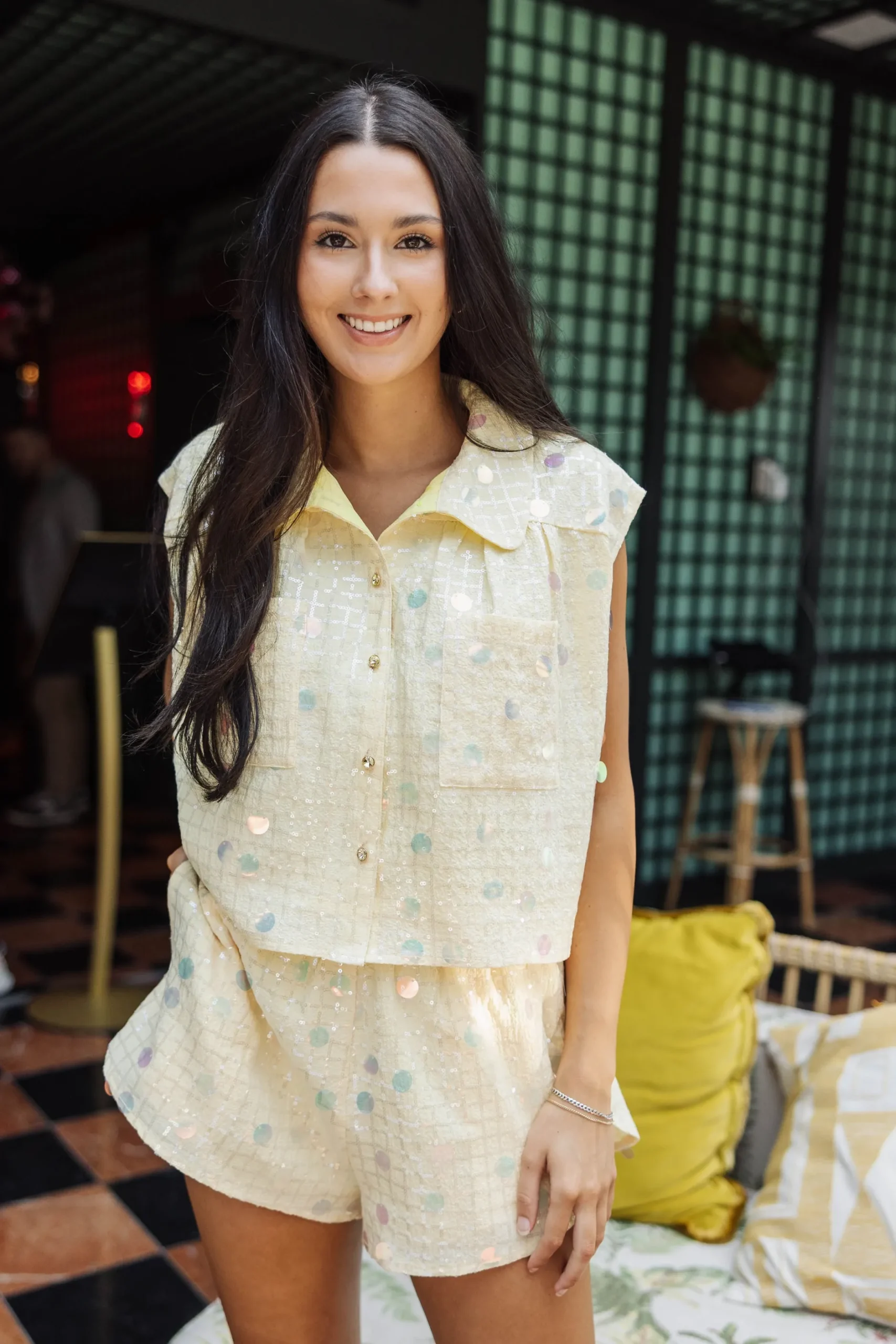 Flash Sale Queen Of Sparkles Checkered Paillette Collar Tank Yellow