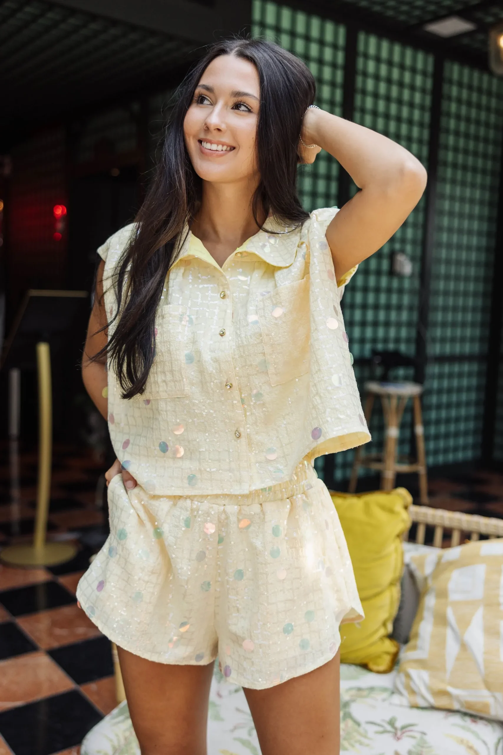Shop Queen Of Sparkles Checkered Paillette Collar Tank Yellow