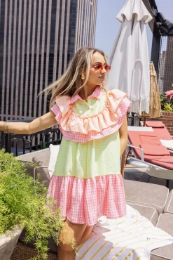 Outlet Queen Of Sparkles Checkered Ruffle Dress Neon
