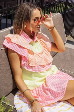 Outlet Queen Of Sparkles Checkered Ruffle Dress Neon