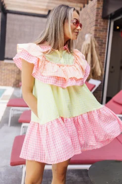 Outlet Queen Of Sparkles Checkered Ruffle Dress Neon