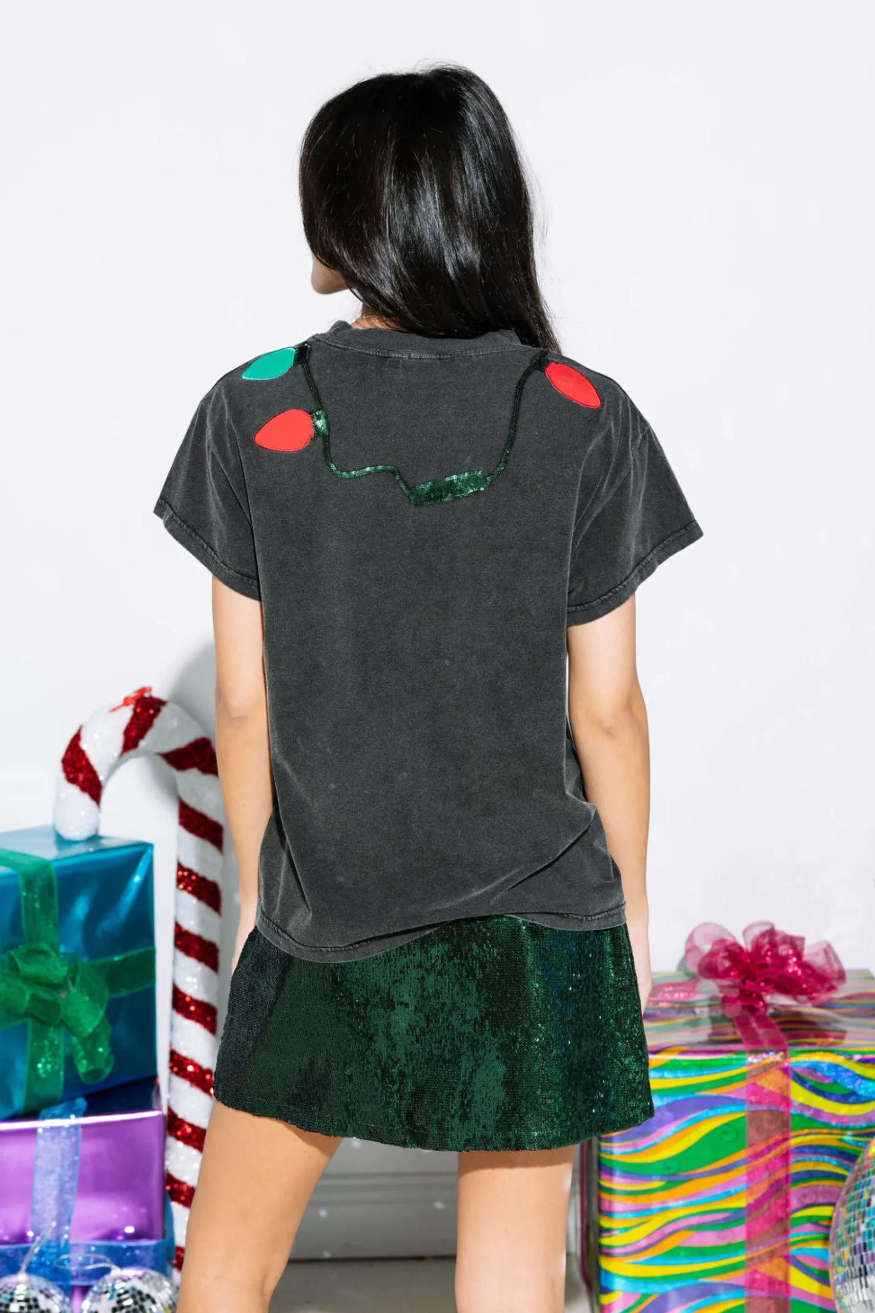 Store Queen Of Sparkles Christmas Light Necklace Tee Charcoal
