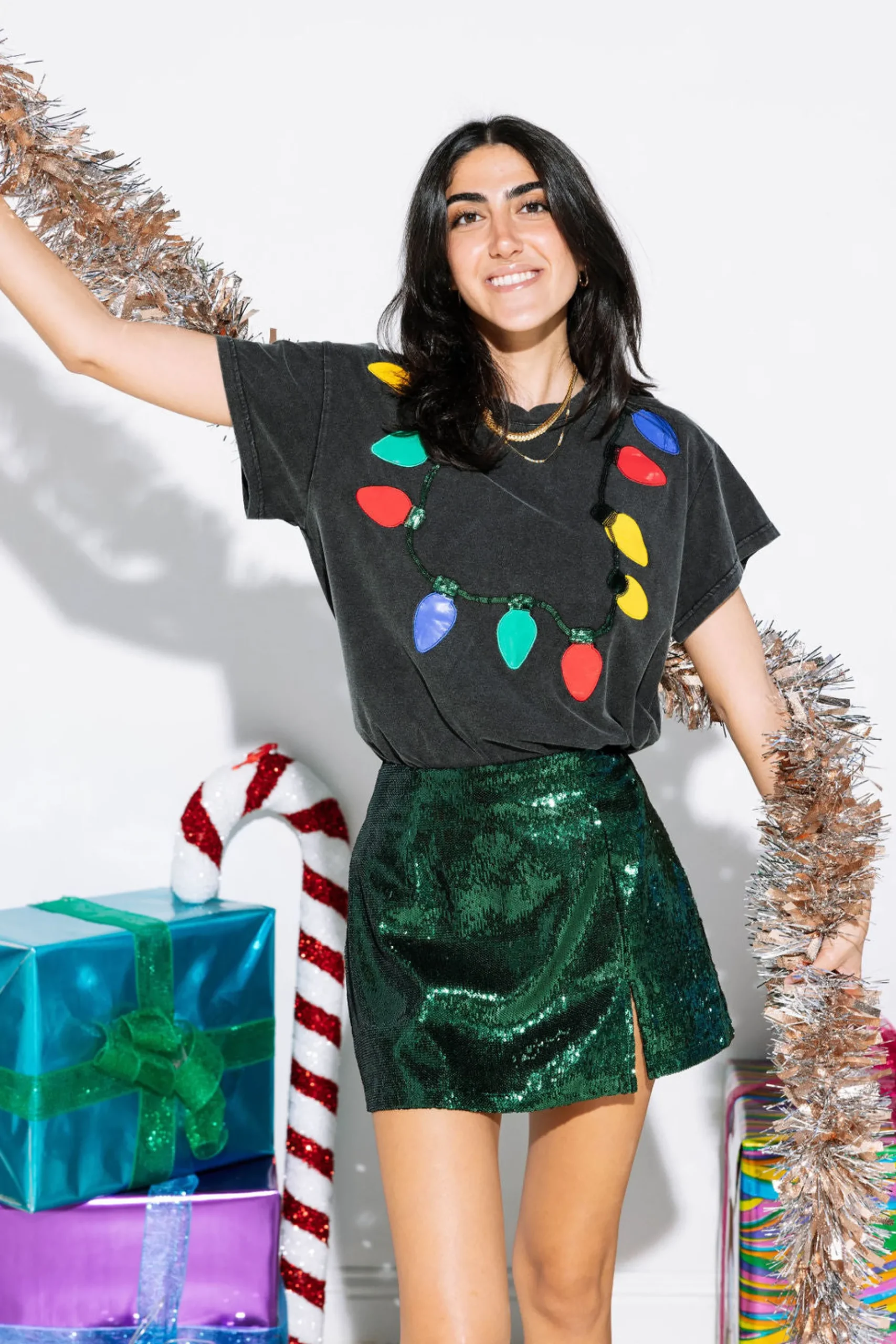 Store Queen Of Sparkles Christmas Light Necklace Tee Charcoal