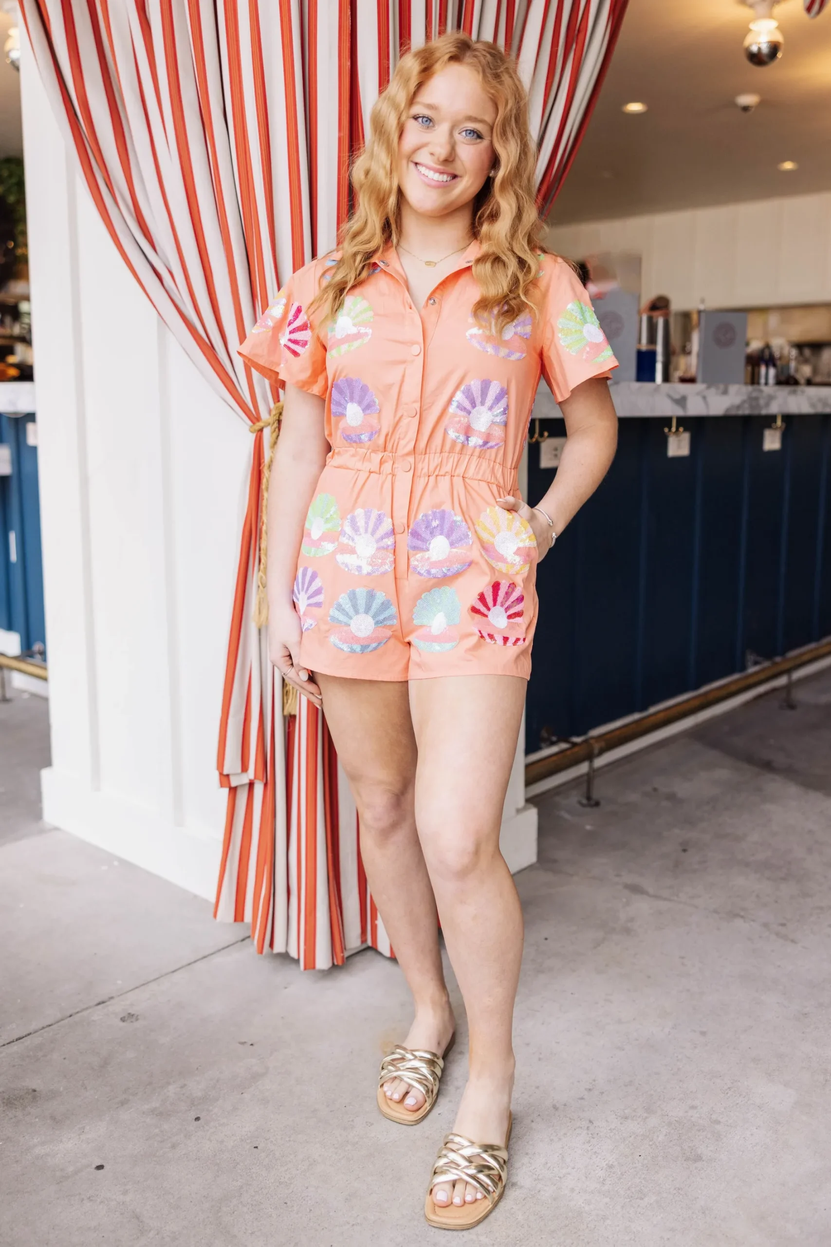Discount Queen Of Sparkles Clam Romper Orange