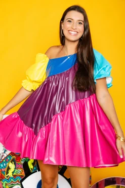 Store Queen Of Sparkles Colorblock Asymmetrical Leather Dress