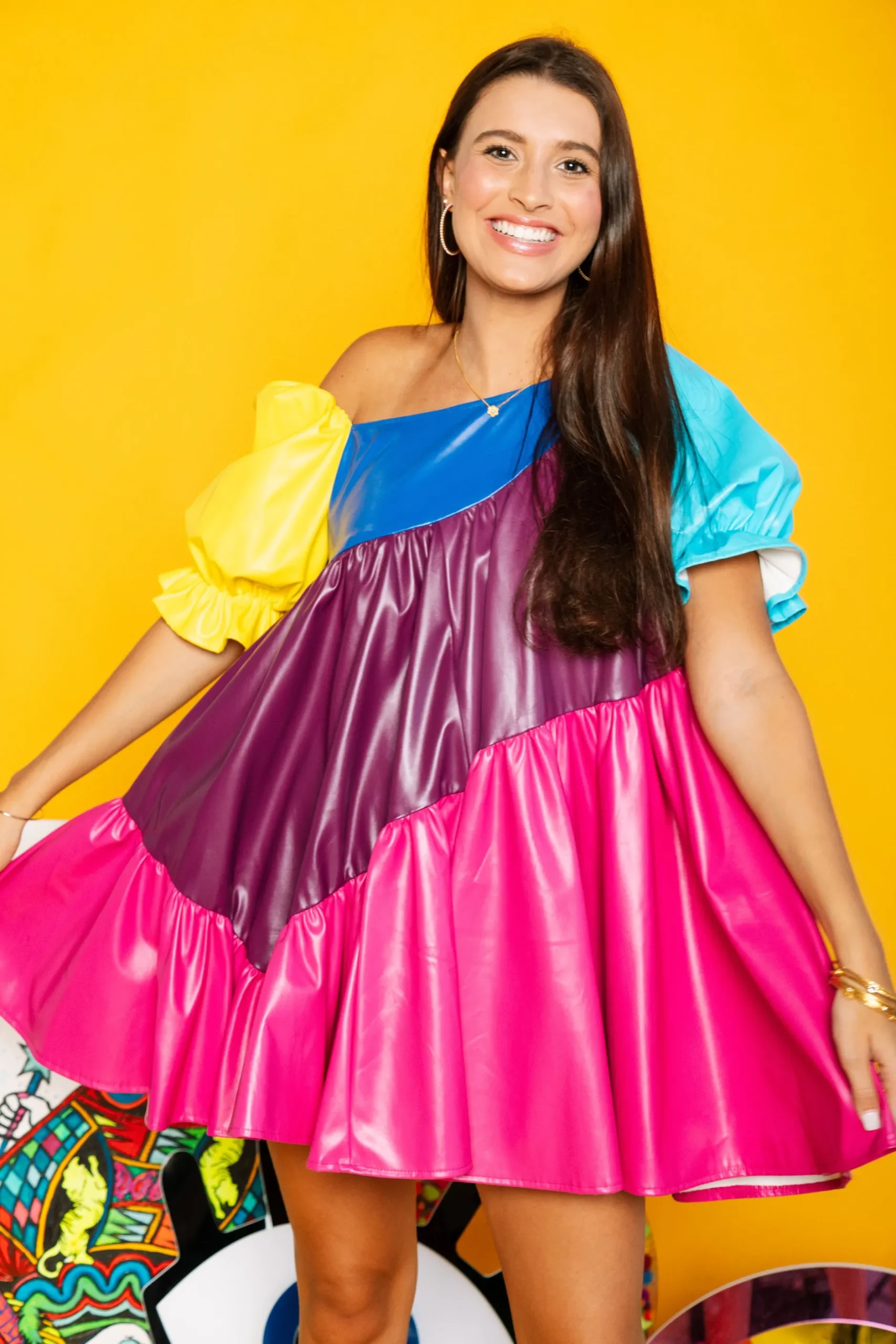 Store Queen Of Sparkles Colorblock Asymmetrical Leather Dress