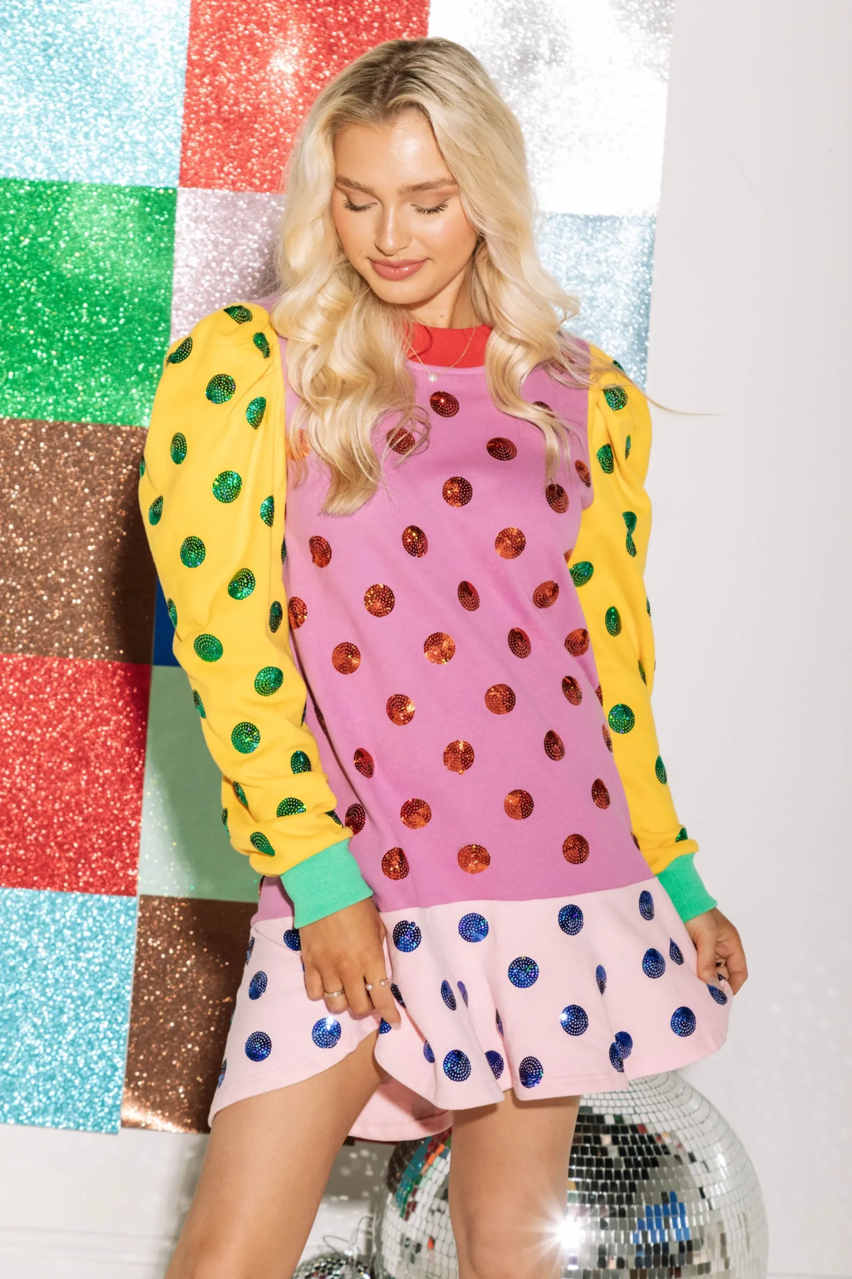 Sale Queen Of Sparkles Colorblock Polka Dot Poof Sleeve Dress Purple