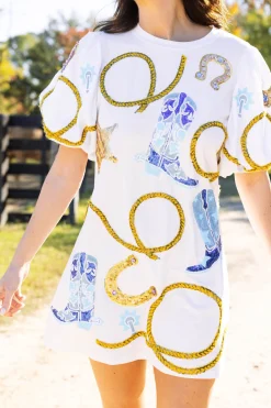 Store Queen Of Sparkles Cowgirl Icon Poof Sleeve Dress White
