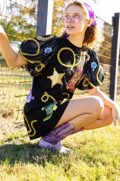 Best Queen Of Sparkles Cowgirl Icon Poof Sleeve Dress Black