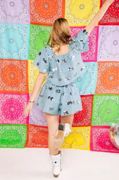 Best Sale Queen Of Sparkles Denim & Silver Paillette Flutter Top