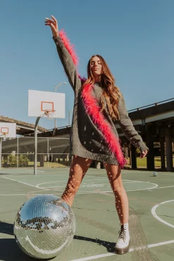 Hot Queen Of Sparkles Diagonal Feather Sweater Dress Grey/Pink