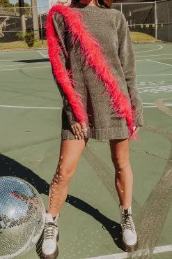 Hot Queen Of Sparkles Diagonal Feather Sweater Dress Grey/Pink