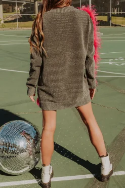 Hot Queen Of Sparkles Diagonal Feather Sweater Dress Grey/Pink