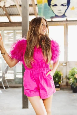 Online Queen Of Sparkles Feather Sleeve Romper Hot Pink