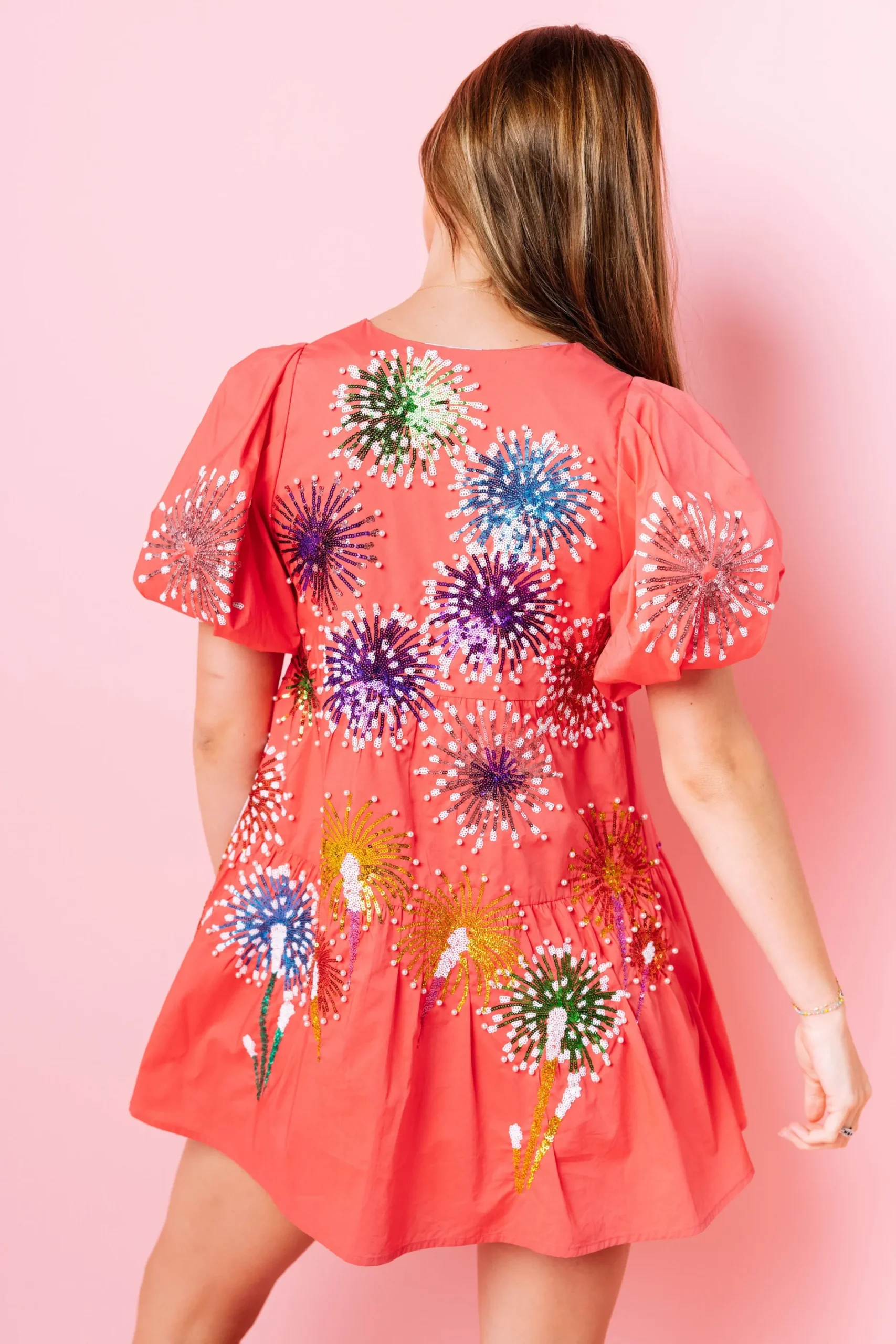 Discount Queen Of Sparkles Firework Back Poof Sleeve Dress Pink