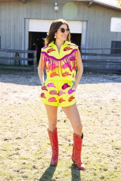 Hot Queen Of Sparkles Fringe Cowboy Hat Top Neon Green