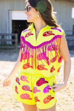 Hot Queen Of Sparkles Fringe Cowboy Hat Top Neon Green