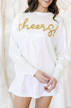 Cheap Queen Of Sparkles Full Sequin Cheers Sweater White