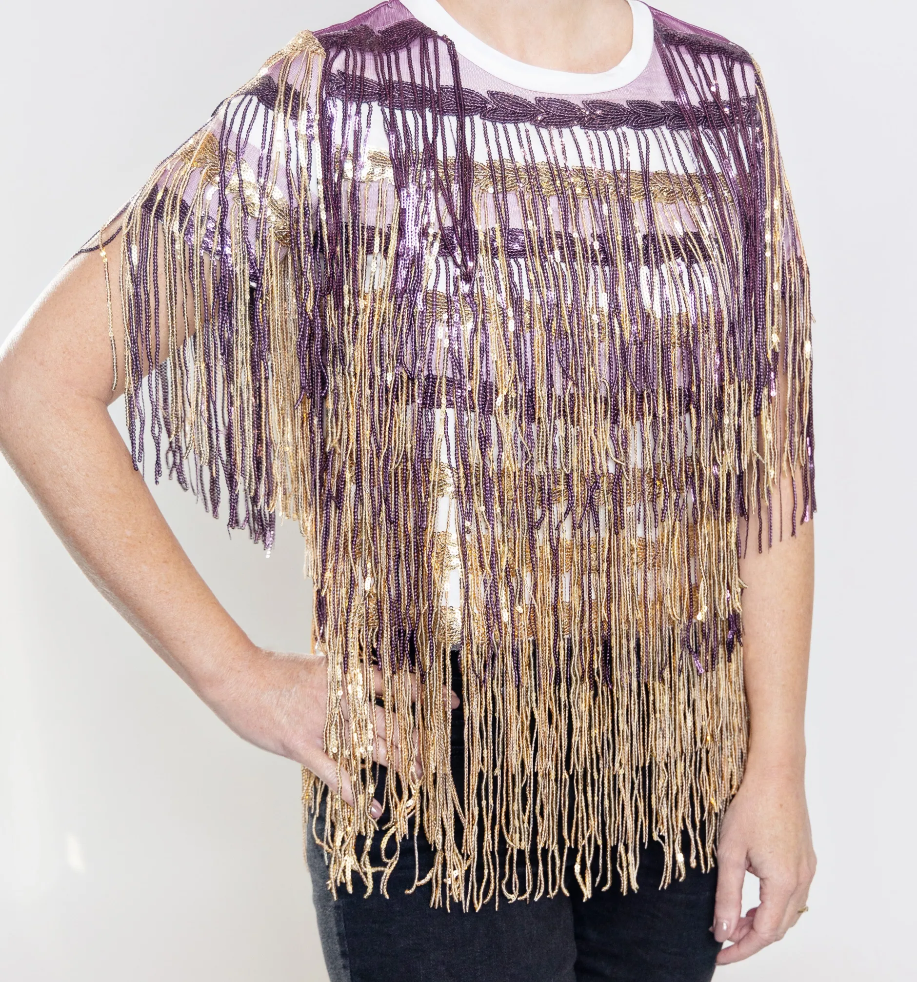 Shop Queen Of Sparkles Full Sequin Fringe Purple & Gold Tee Purple/Gold