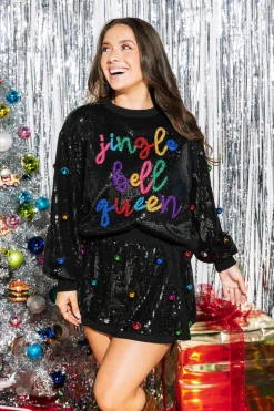Cheap Queen Of Sparkles Full Sequin Jingle Bell Queen Sweater Black