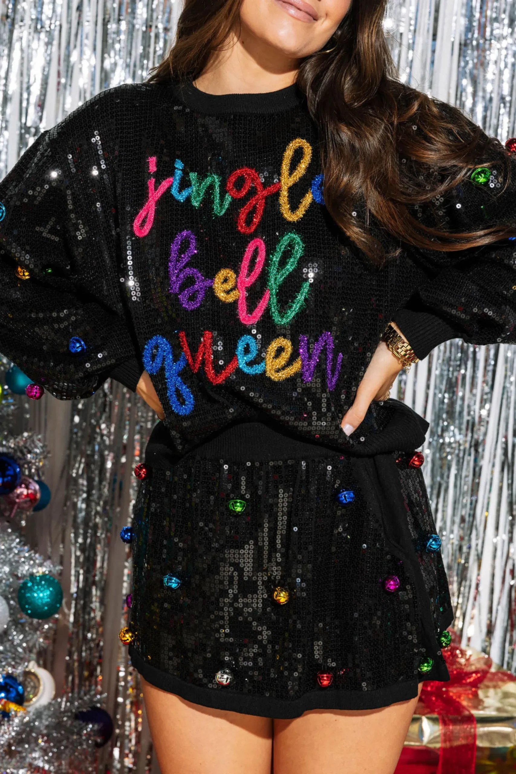 Cheap Queen Of Sparkles Full Sequin Jingle Bell Queen Sweater Black