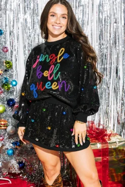 Store Queen Of Sparkles Full Sequin Jingle Bell Queen Sweater Black