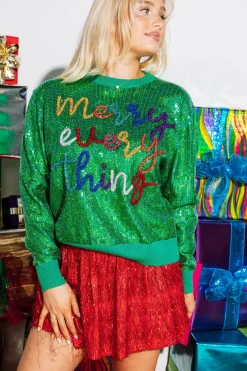 Flash Sale Queen Of Sparkles Full Sequin Merry Everything Sweater Green