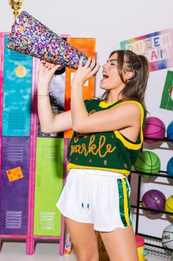 Clearance Queen Of Sparkles Full Sequin Shorts With Green & Yellow Side Stripe White