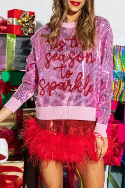 Online Queen Of Sparkles Full Sequin 'Tis The Season To Sparkle' Sweater Pink