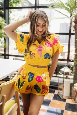 Online Queen Of Sparkles Girlies & Drinks & Animals Shorts Yellow
