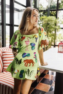 Clearance Queen Of Sparkles Girlies, Drinks & Animals Dress Neon Green