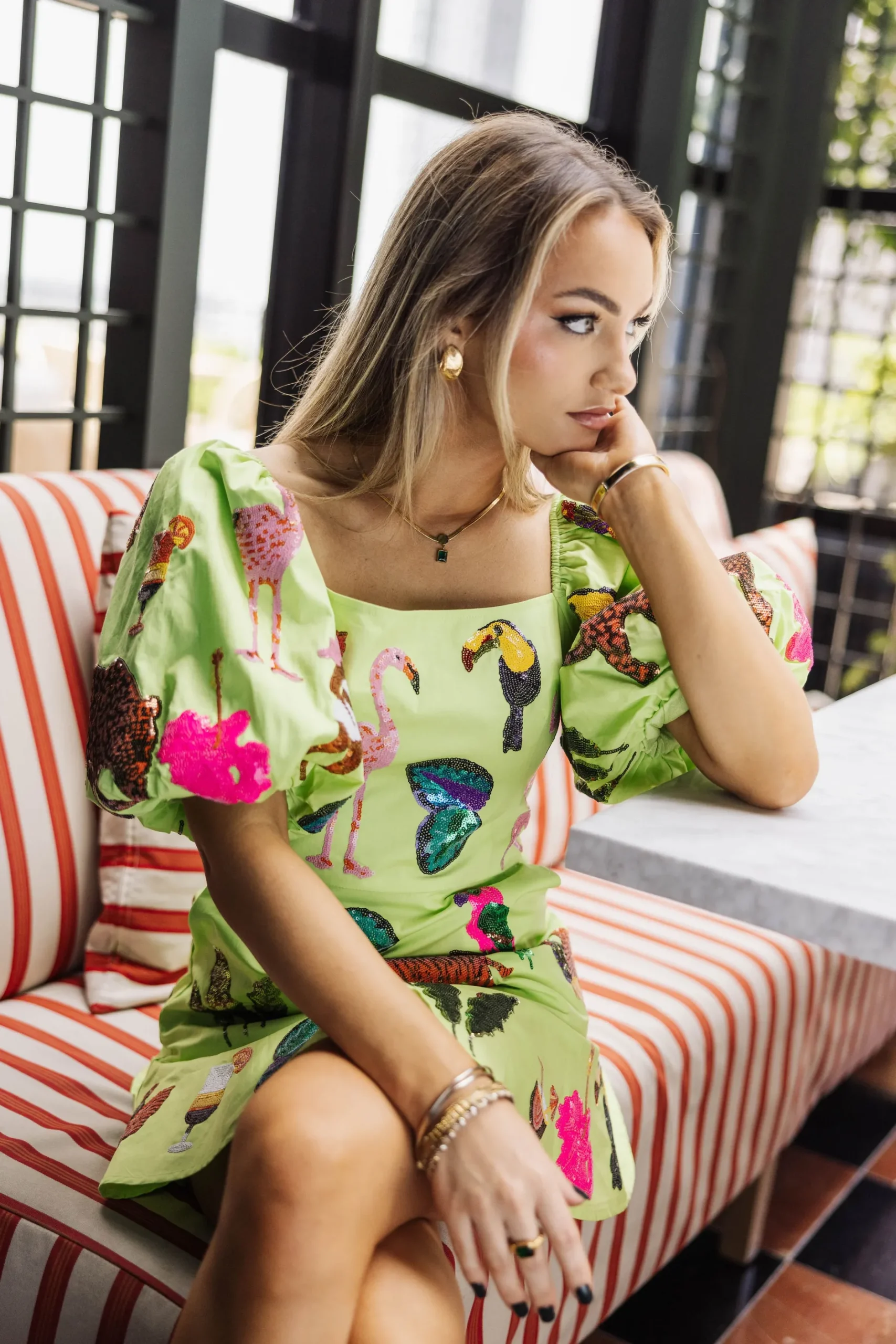 Clearance Queen Of Sparkles Girlies, Drinks & Animals Dress Neon Green
