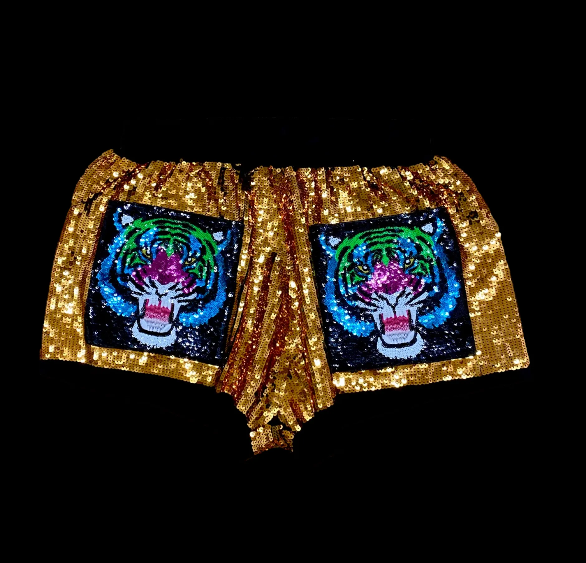 Discount Queen Of Sparkles Gold Rainbow Tiger Sequin Shorts Gold/Rainbow