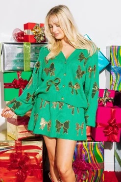 Shop Queen Of Sparkles Gold Scattered Bow Cardigan Green